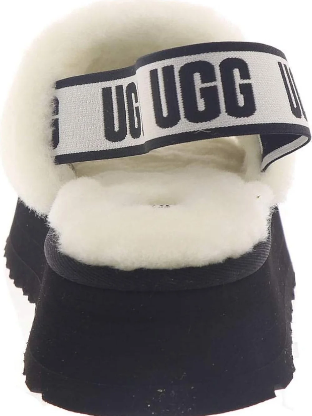 UGG Disco White Fluff Platform Slide Logo Slingback